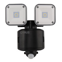 Front profile of the CYRUS security light with two independent LED lamps and rotating PIR sensor